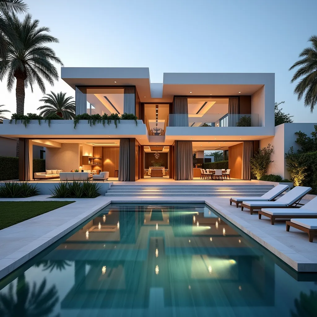Arquitetura contemporânea com piscina e iluminação acolhedora