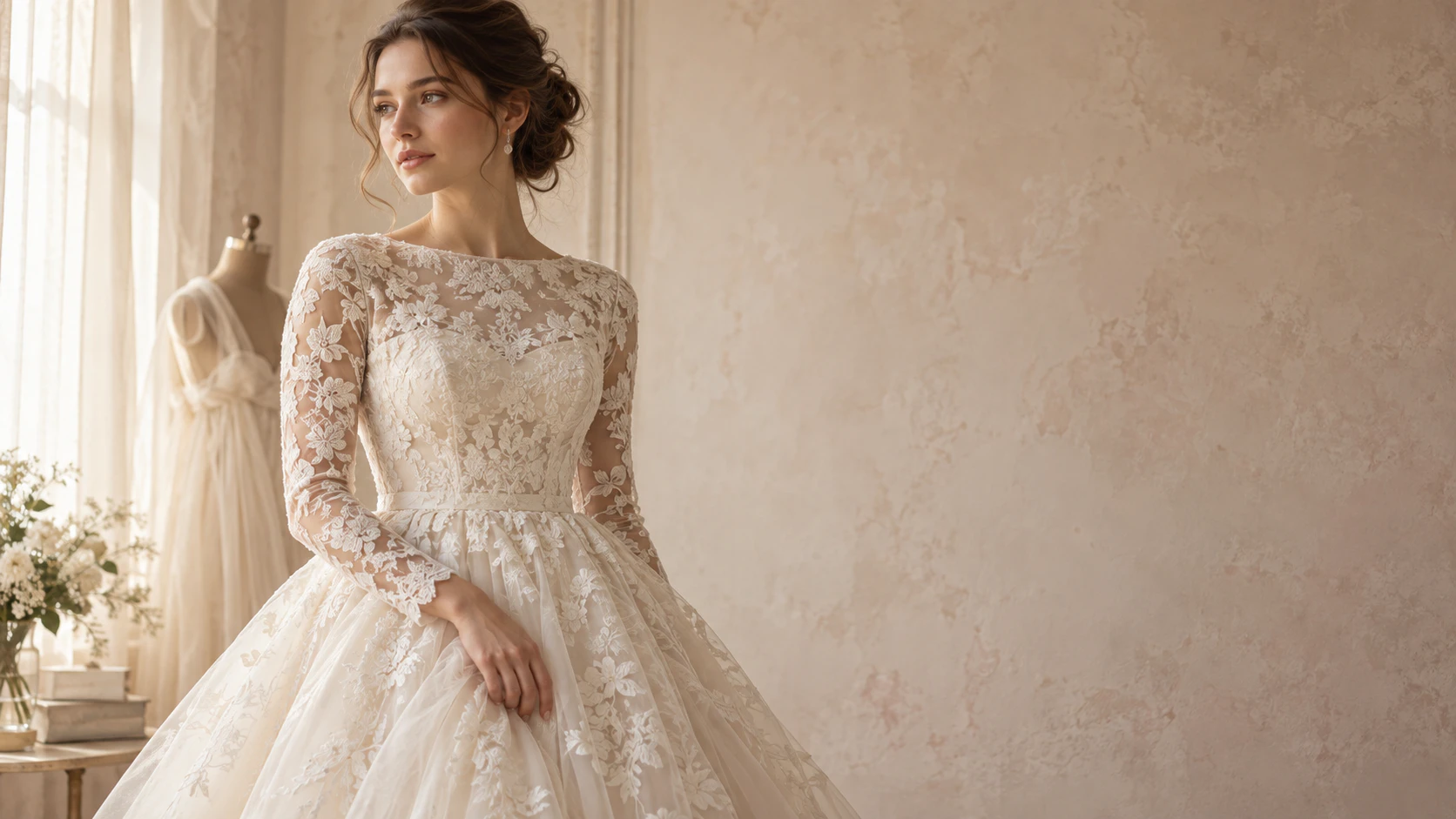 Detalhes de renda e bordado em um vestido de noiva